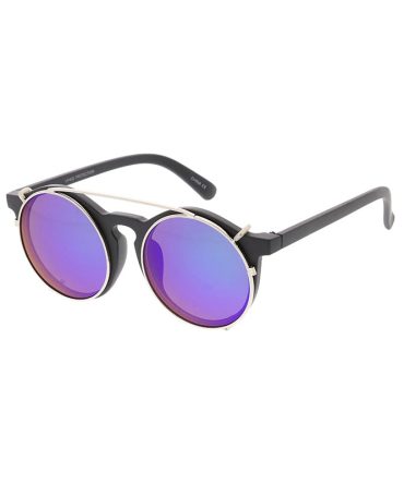 6442RV Unisex Combo Large Hipster Round Frame w/ Metal Clip On Lens and Color Mirror Lens