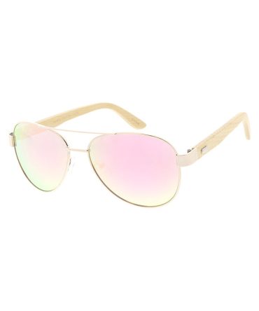 WD014/RV Unisex Metal Standard Aviator Frame w/ Bamboo Temples and Color Mirror Lens