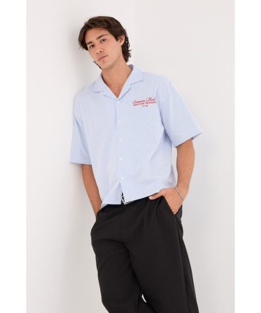 Common Need Royalty Boxy Cropped Resort Shirt Blue/White Stripe