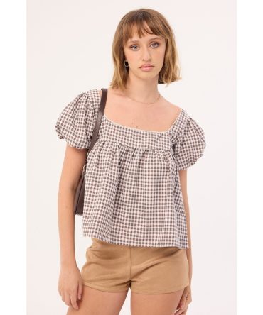Luck & Trouble Adele Babydoll Top Brown Check