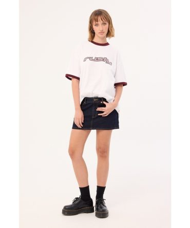 Rusty Risque Low Rise Denim Micro Skirt Raw Dawg