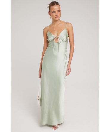 Luck & Trouble Sammy Tie Front Satin Maxi Dress Sage