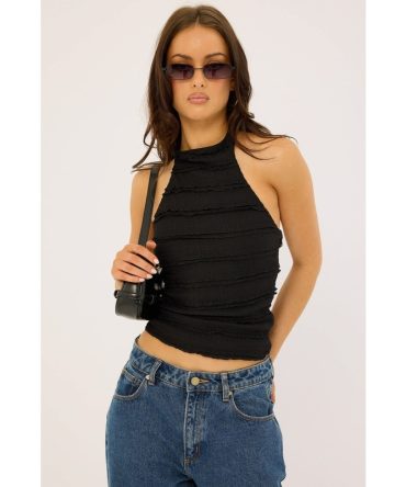 Perfect Stranger Frilly Astra Stretch Halter Top Black
