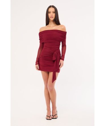 Luck & Trouble Elyse Off Shoulder Long Sleeve Mini Dress Burgundy