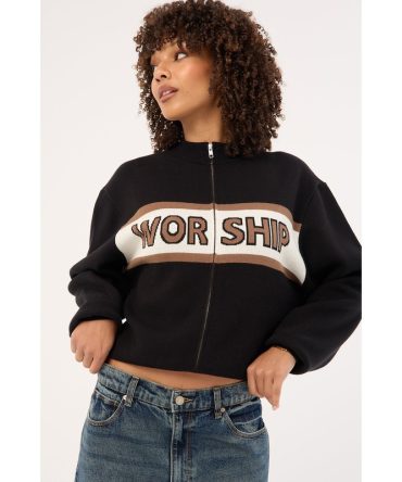 Worship Brassy Zip Front Knit Jacket Black