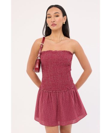 Luck & Trouble Andie Shirred Mini Dress Burgundy Check