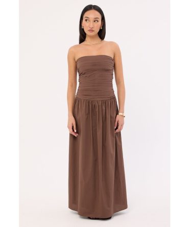 Luck & Trouble Strapless Drop Waist Midi Dress Brown