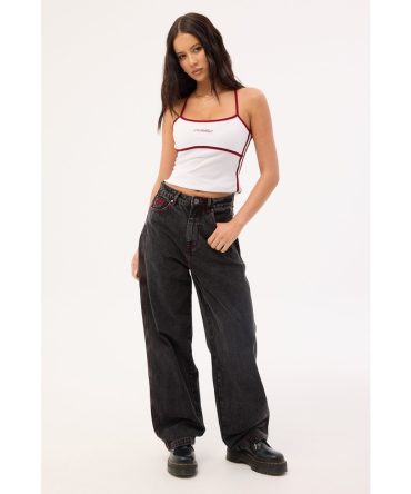 Worship Big Baggy Jean Black Rinse Purple Stitch