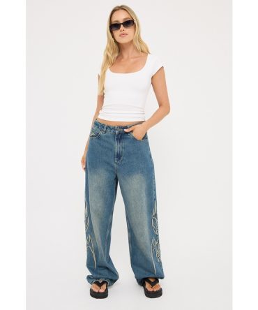 Worship At Peace Big Baggy Jean Dirty Mid Blue